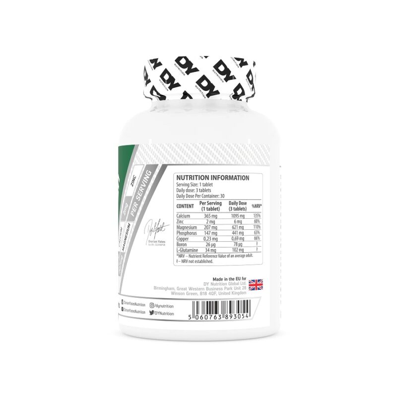 CA MG ZN dietary supplement by DY Nutrition - A bottle of essential minerals representing Calcium, Magnesium, and Zinc, promoting overall well-being. product label