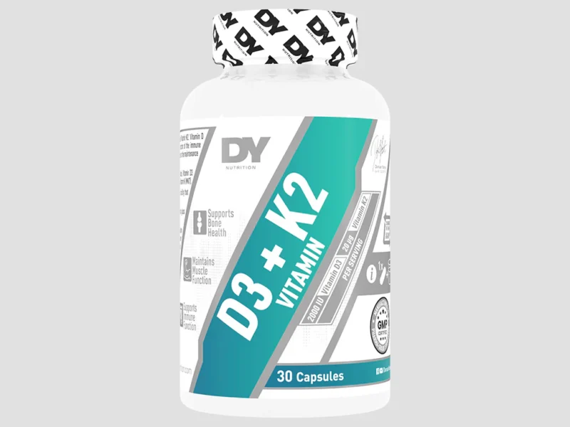 Vitamin D3 + K2 by DY Nutrition Dorian Yates – white bottle with blue label, 2000 IU D3 + 20 µg MK-7 K2 per capsule for bone health, immune support, muscle function & heart protection