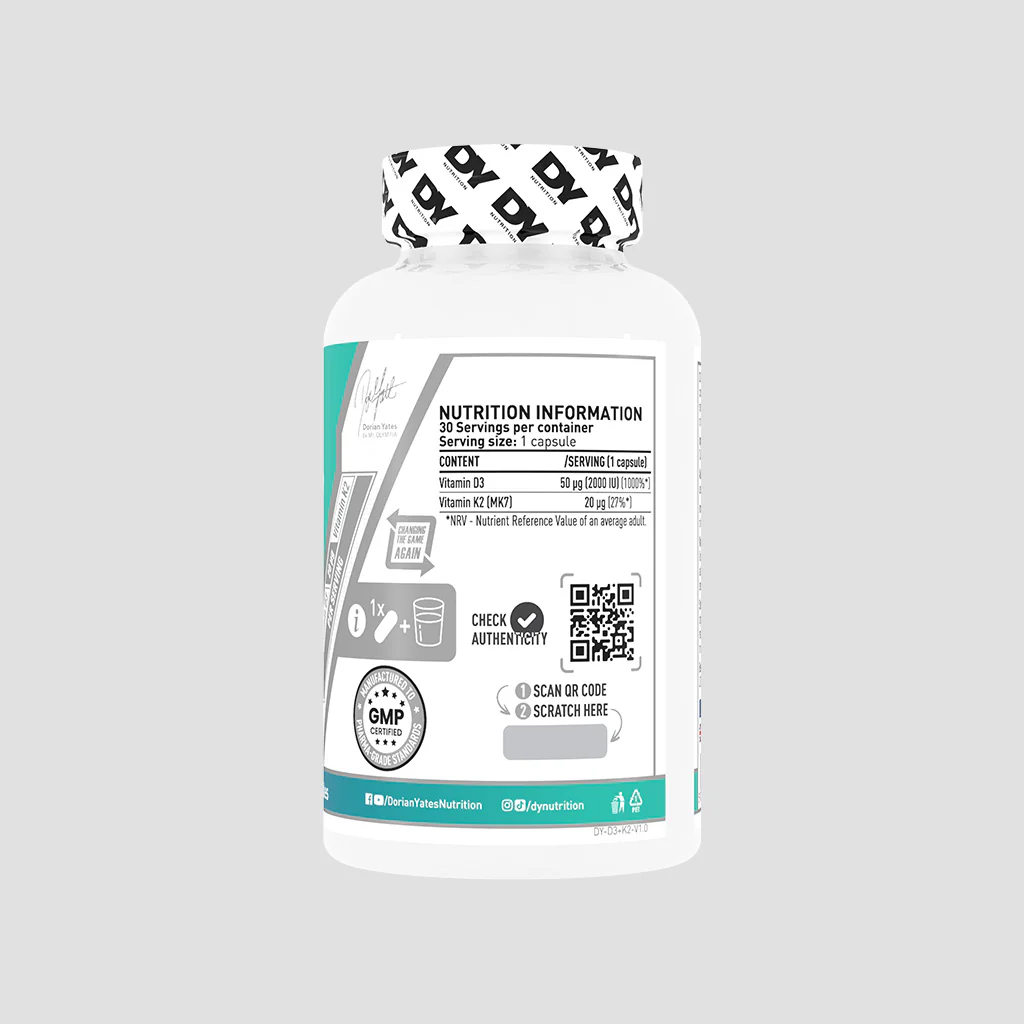 DY Nutrition Vitamin D3 + K2 supplement bottle – supplement facts with 2000 IU Vitamin D3 (cholecalciferol) + 20 µg Vitamin K2 (MK-7), ingredients list, directions, and Dorian Yates branding for bone, immune & heart support