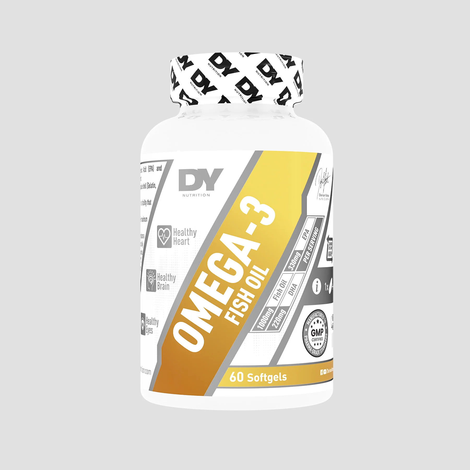 OMEGA-3 Fish Oil Softgels by DY Nutrition Dorian Yates – 60 softgels bottle with 330mg EPA + 220mg DHA per serving for heart, brain, joint & eye health support