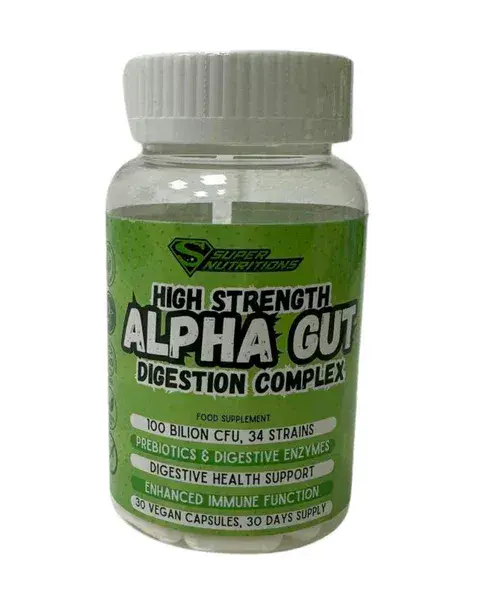ALPHA GUT High Strength Probiotics 100 Billion CFU by Super Nutrition – 34 strains, prebiotics, digestive enzymes in vegan delay-release capsules bottle for gut health, digestion & immunity
