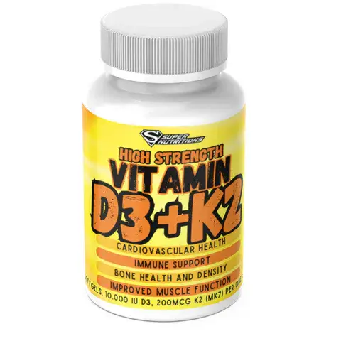 High Strength Vitamin D3 + K2 (MK-7) 60 Vegan Softgels bottle – 10,000 IU D3 and 200 mcg K2 per serving, coconut oil enhanced for bone, heart, and immune support. Super Nutrition.