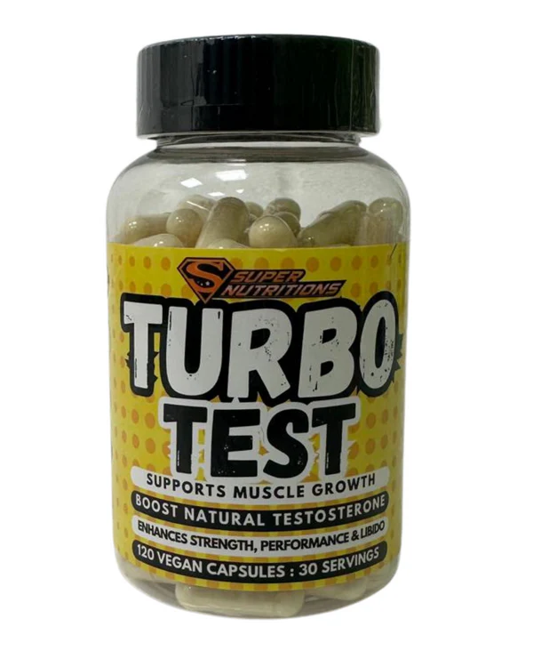 Turbo Test 120 Vegan Capsules by Super Nutrition – Natural Testosterone Booster bottle with Tongkat Ali, Fadogia Agrestis, Turkesterone for men's energy, strength and vitality