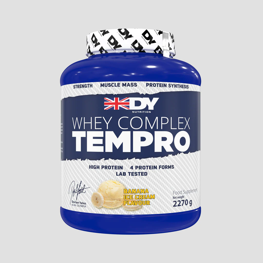 Whey Complex Tempro DY Nutrition Dorian Yates – 2.27kg tub front label with 75 servings, multi-phase whey protein blend, 24g+ protein per scoop, high BCAAs & digestive enzymes for lean muscle growth & recovery