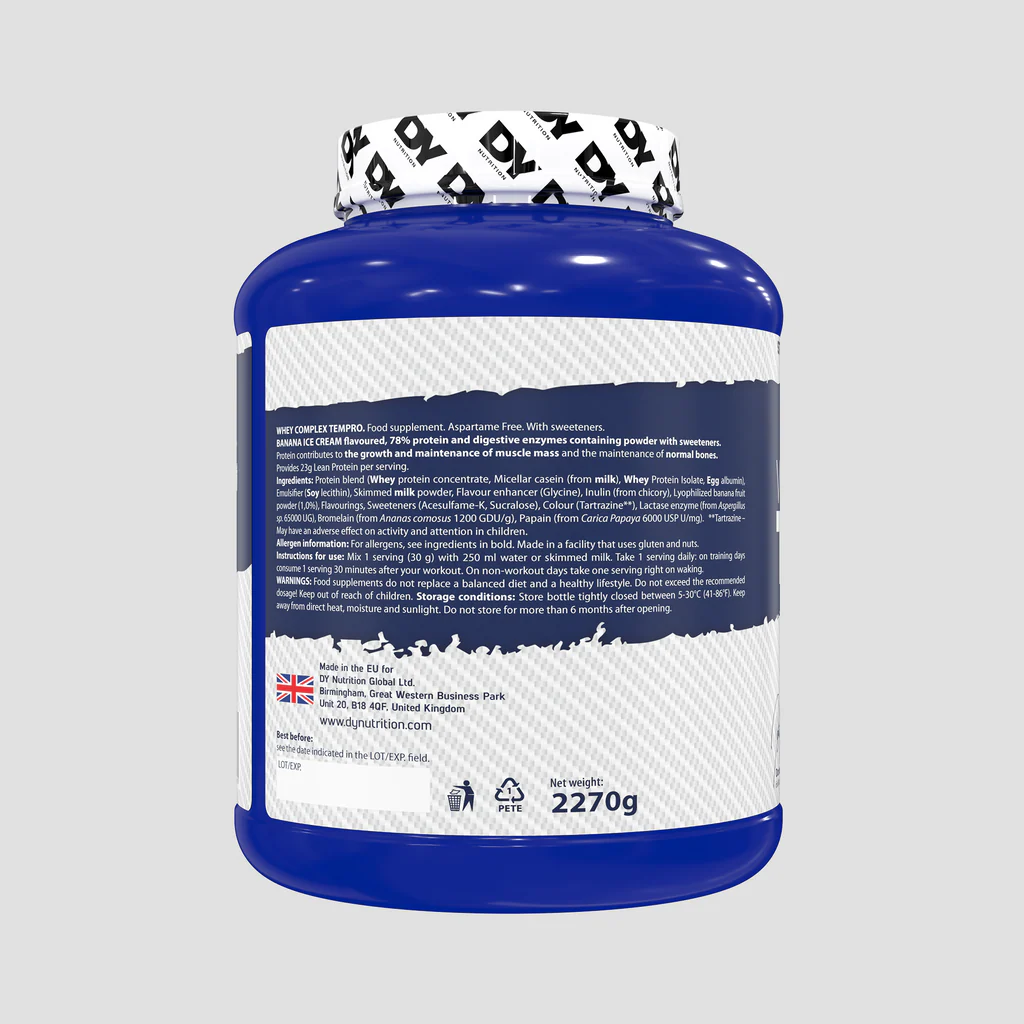 Side label ingredients panel of Whey Complex Tempro DY Nutrition Dorian Yates – full list including cold-processed protein blend (whey concentrate, micellar casein, hydrolyzed whey isolate, whey isolate, egg albumin, glutamine peptides), digestive enzymes bromelain papain lactase, inulin, sweeteners sucralose acesulfame-K, allergens milk wheat egg, for multi-phase whey protein 2.27kg 75 servings