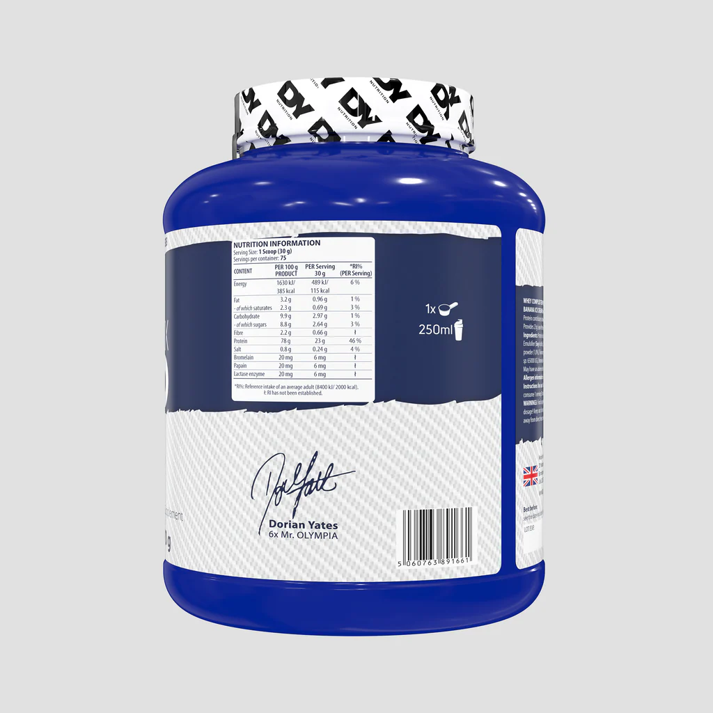 Back label nutrition table of Whey Complex Tempro DY Nutrition Dorian Yates – supplement facts per 30g serving (24g protein, 132 kcal, digestive enzymes bromelain papain lactase, inulin), full ingredients list, allergens, directions & warnings for multi-phase whey protein 2.27kg 75 servings