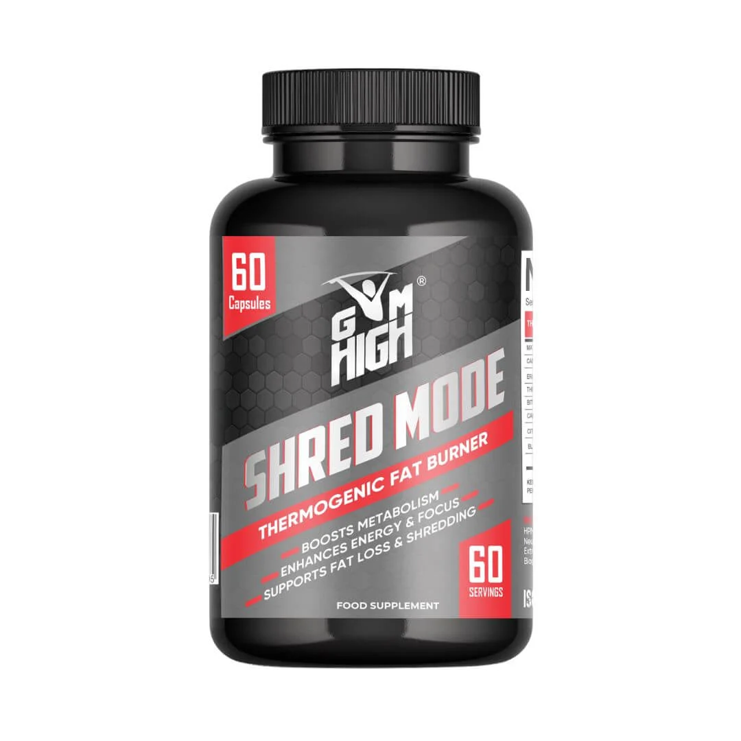 GYM HIGH Shred Mode 60 capsules bottle front view – thermogenic fat burner supplement with Eria Jarensis and Capsicum for metabolism and energy