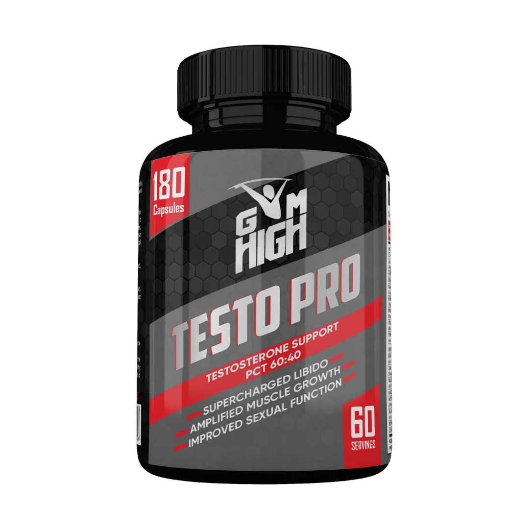 GYM HIGH Testo Pro 180 capsules bottle front view – natural testosterone booster with D-Aspartic Acid, KSM-66 Ashwagandha and Tongkat Ali for muscle and libido