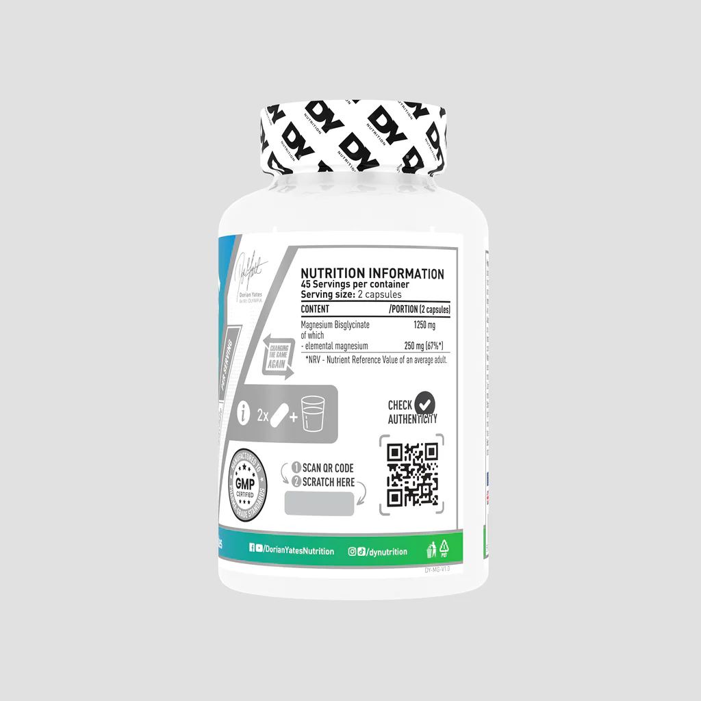Back label of Magnesium Bisglycinate DY Nutrition Dorian Yates – supplement facts with 125 mg elemental magnesium from bisglycinate per capsule (or 250 mg per 2 caps), full ingredients list including HPMC capsule, maltodextrin, magnesium stearate, silicon dioxide, directions, warnings, and benefits for muscle recovery, relaxation & energy