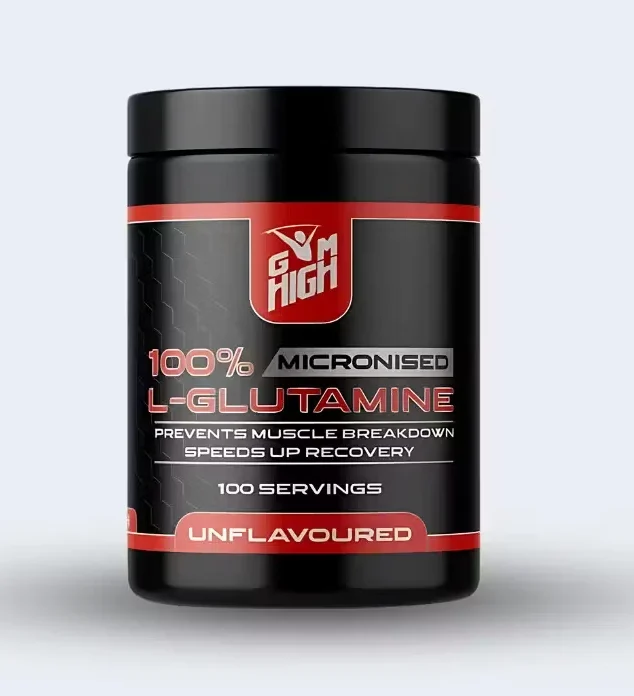 GYM HIGH 100% L-Glutamine Micronised tub front view – pure micronized glutamine powder for muscle recovery and immune support
