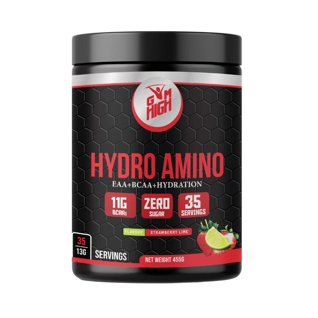 GYM HIGH Hydro Amino tub front view – full spectrum EAA BCAA electrolyte blend supplement for hydration, recovery and focus
