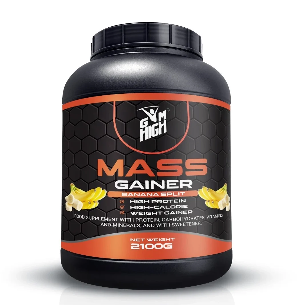 GYM HIGH Mass Gainer 2100g tub front view – high-calorie weight gainer with premium protein and complex carbs for muscle mass gains