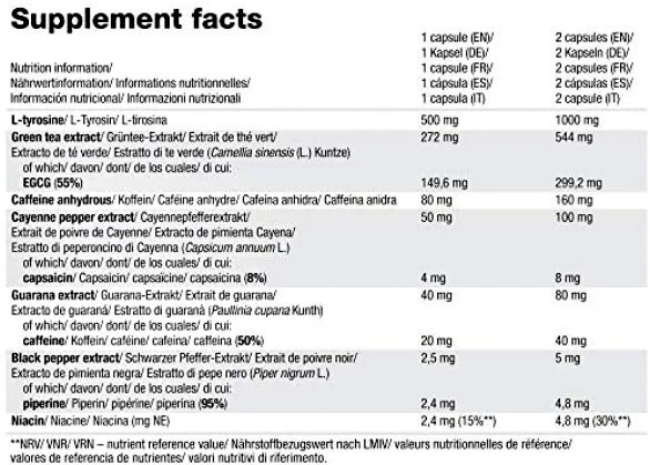 Olimp Thermo Speed Extreme 2.0 120 caps back label nutrition facts table – L-tyrosine 500mg, EGCG 149.6mg, caffeine 80mg per capsule ingredients