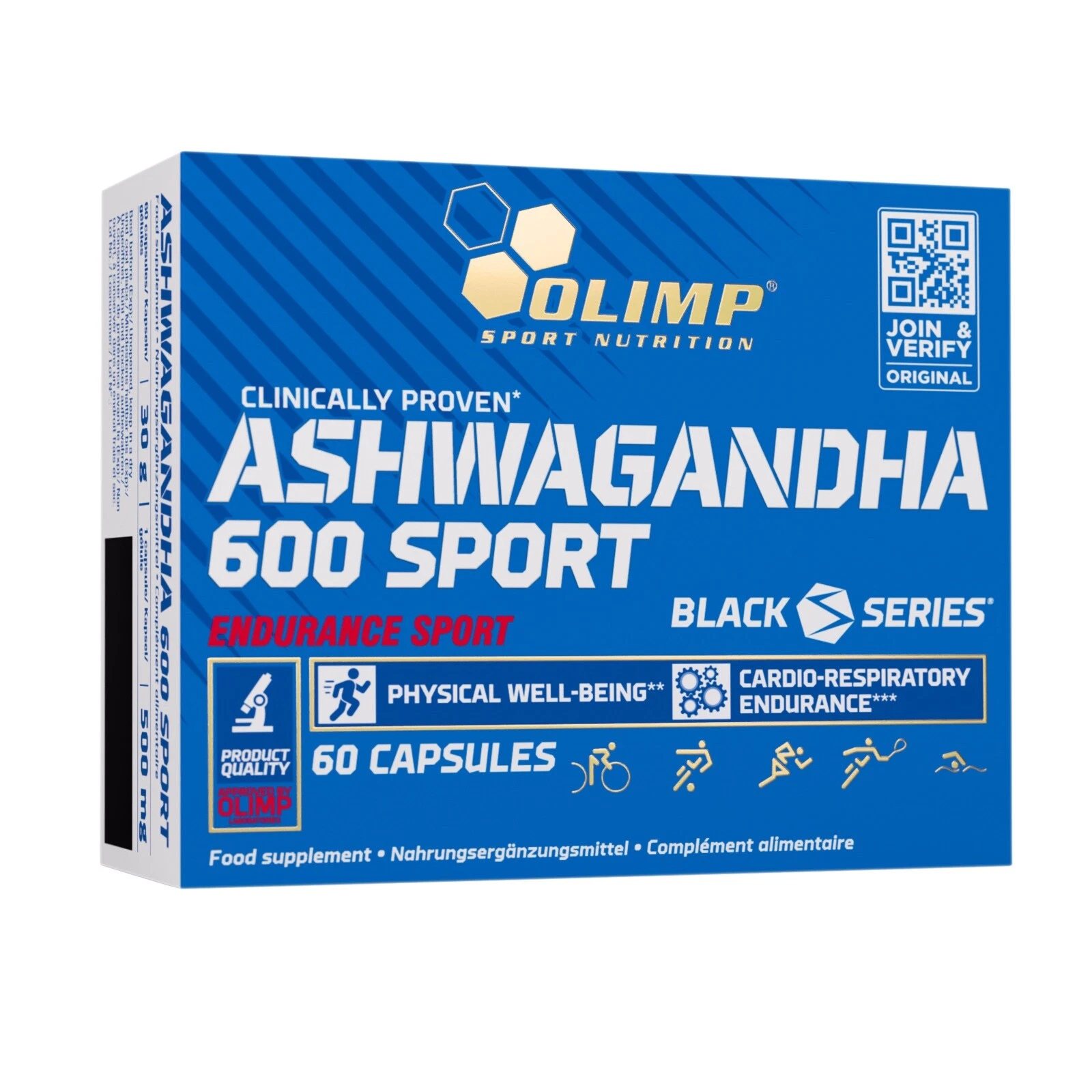 Olimp Nutrition Ashwagandha 600 Sport 60 capsules carton box front view – KSM-66 ashwagandha extract supplement for stress relief and athletic recovery