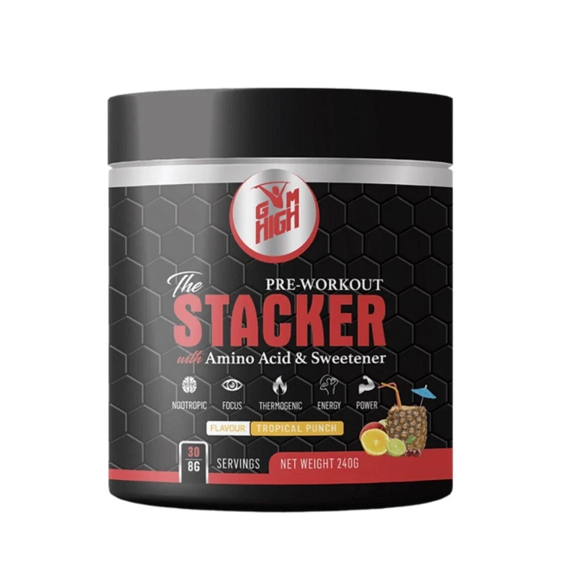 GYM HIGH Stacker 240g back label nutrition facts table – high-stim pre-workout ingredients, caffeine, beta-alanine, nootropics dosages and warnings