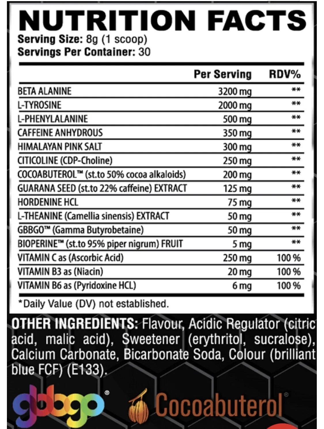 GYM HIGH Stacker 240g back label nutrition facts table – high-stim pre-workout with caffeine, beta-alanine, L-tyrosine, nootropics ingredients and dosages